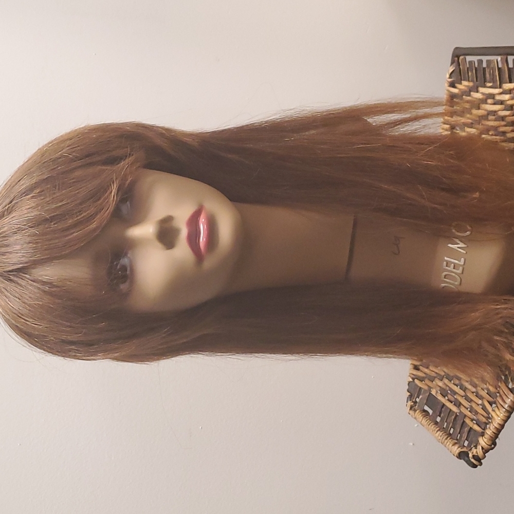 100%  Human Hair Wig long  top band and layers brown with copper highlight